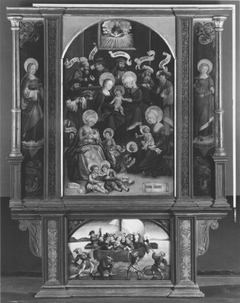 Altar der Hl. Sippe mit den hll. Agatha und Dorothea und dem Martyrium der hl. Ursula Rückseite: Mannalese by Allgäuer Meister um 1520