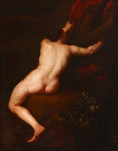 An Academic Male Nude seen from behind clasping a Tree Trunk and Red Drapery by Anonymous