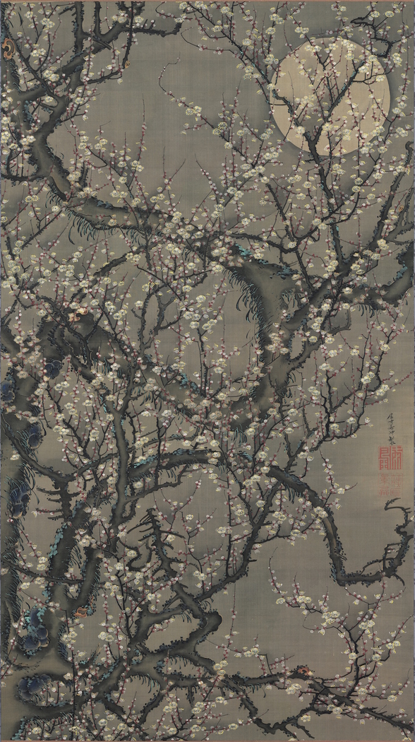 Blossoming plum under the moon