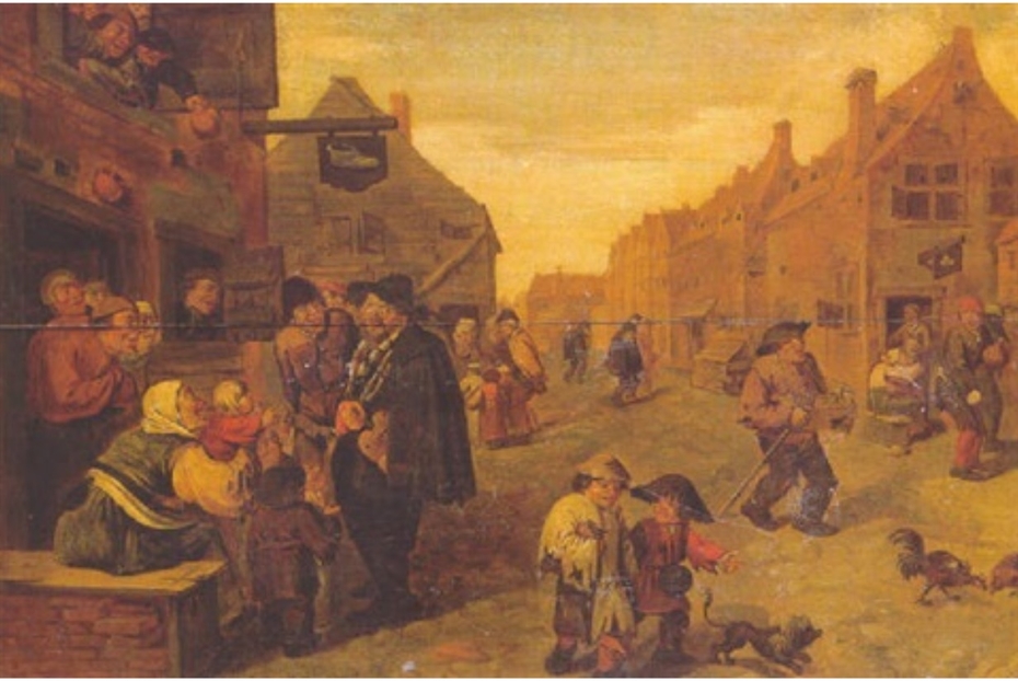 Boors listening to a Hurdy-Gurdy, outside a Shoemaker's workshop, in a Village Street