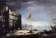 Capriccio of a Port Scene with a Classical Arch by Antonio Stom