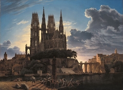 Cathedral over a city / Medieval Town by Water by Karl Eduard Biermann