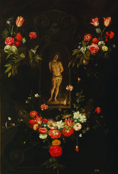 Christ at the column, in a garland of flowers