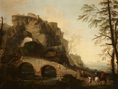Classical Landscape with Cliffs, Bridge and Travellers (after Salvator Rosa) by Pietro Antonio Sasso