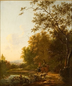 Country road through a forest with cattle and shepherds by Jan Snellinck III