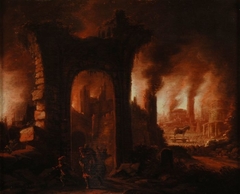 De brand van Troje, met vluchtende mensen en het paard van Troje by Claes Jansz van der Willigen