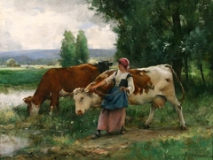 Femme et vaches par l'eau by Julien Dupré