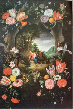 Flower garland around the Holy family in a landscape by Jan Brueghel the Younger