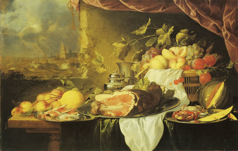 Fruit and Ham on a Table with a View of a City