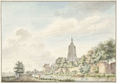 Gezicht op Asperen met de stadsmuren en de kerktoren by Jacobus Versteegen