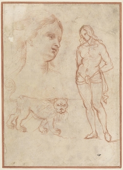 H. Sebastiaan, een leeuw en het hoofd van een jonge vrouw by Unknown Artist