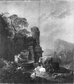 Hirtenfamilie und Herde am Brunnen