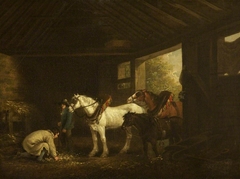 Horses and Farmhands in a Stable by Anonymous