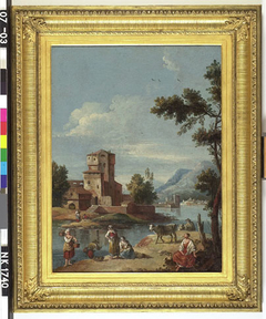 Italiaans landschap met gebouwen aan een meer, figuren en vee