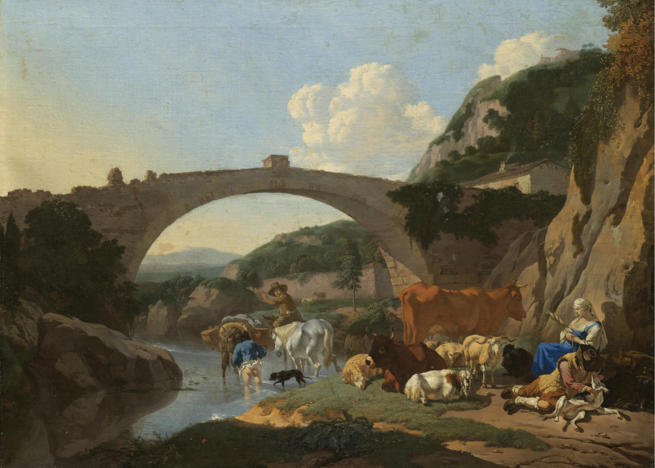 Italianate Landscape with Herders and Animals resting by a River under a Bridge