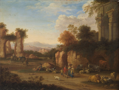 Italienische Landschaft mit antiken Ruinen und Landleuten by Adriaen Frans Boudewyns