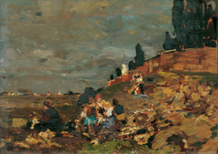 Kinder an der Friedhofsmauer