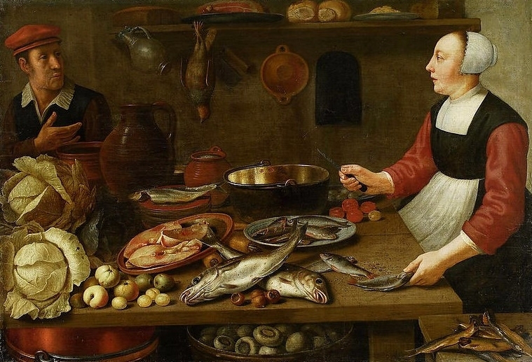 Kitchen interior with a female cook.