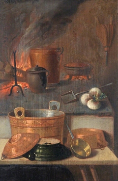 Kitchen Still Life with Pots and Pans and a Roaring Fire by E K Lautter
