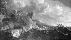 Klippekyst med oprørt sø og skibe i havsnød by Friedrich Wilhelm Boehme