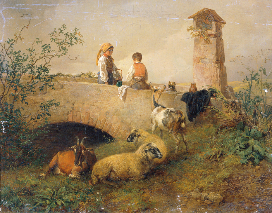 Knabe und Mädchen mit Schafen und Ziegen