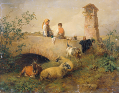 Knabe und Mädchen mit Schafen und Ziegen by Leopold Brunner