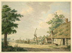 Landscape of Cottage with Woman at Well by Johannes van Lexmond