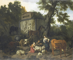 Landscape with herdsmen and cattle near a tomb by Dirck van der Bergen