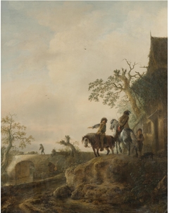 Landscape with horsemen halting at an inn by Isaac van Ostade