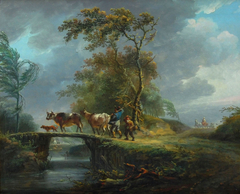 Landschap met vee en figuren bij stormachtig weer by Arie Lamme