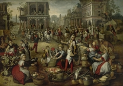 Marketplace, with the Flagellation, the Ecce Homo and the Bearing of the Cross in the background by Unknown Artist