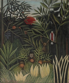 Monkeys and Parrot in the Virgin Forest