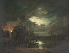Moonlit River Scene with a Building on Fire