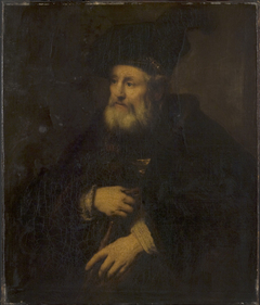 Old Man in Fanciful Costume Holding a Stick by Rembrandt