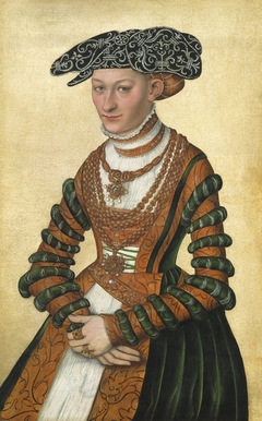 Portrait of a Lady in a green velvet and orange dress and a pearl-embroidered black hat