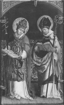 Rechter Flügel eines Altares: Kirchenväter Gregor und Ambrosius Rückseite: Landschaft (Patmos) by Anonymous