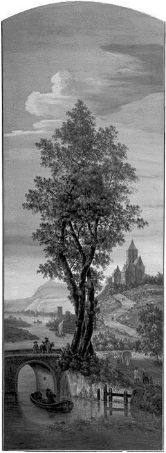 Rivierlandschap met kerk op heuvel by Pieter Jan van Liender