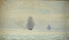 Sailing ships in the morning fog. by Carl Rasmussen