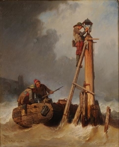 Sailors lighting fires at the entrance to a port by Eugène Le Poittevin