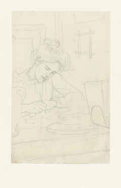Schrijvende vrouw aan tafel by Jozef Israëls