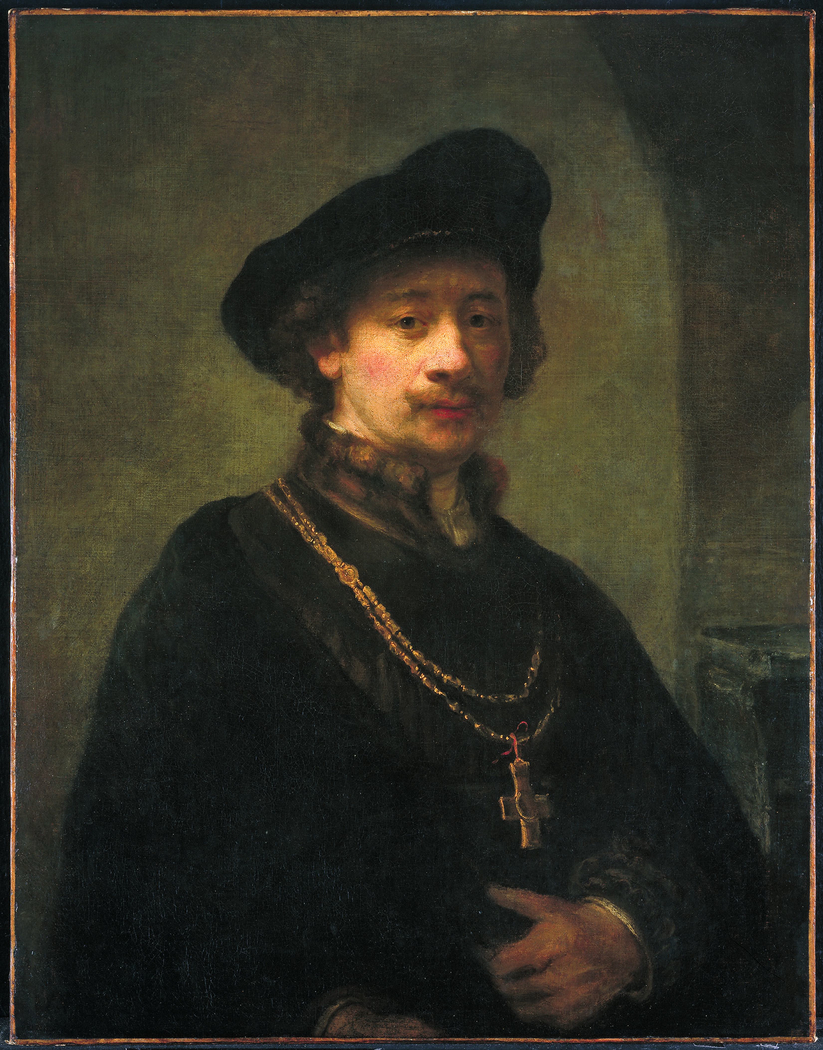 Self-portrait with beret, gold chain, and cross
