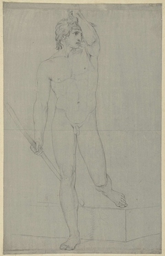Staand mannelijk naakt, met een stok, de linkervoet op een blok by Jean Grandjean