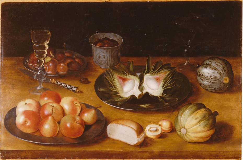 Still life of fruit, with glasswork and a bun, on a wooden ledge, ca. 1600
