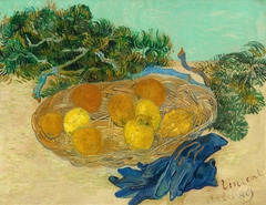 Still Life of Oranges and Lemons with Blue Gloves