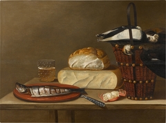Still life with a herring, cheese, crab and songbirds by Johannes Kuveenis