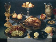 Still Life with Roast Chicken on a Laid Table with Grapes, a Bekerschroef, Tazza and Wine Flask by Peter Binoit