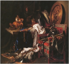 Still life with weaponry, silverware and mirror image of the artist