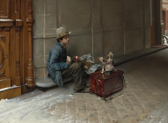 The little Savoyard eating in front of an entrance to a house