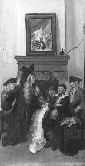Triptiek voorstellende de boerenrechtbank uit het blijspel "Beslikte Swaantje" (middenstuk van drieluik) by Cornelis Troost