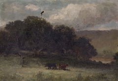 Untitled (landscape with trees and two cows in meadow)